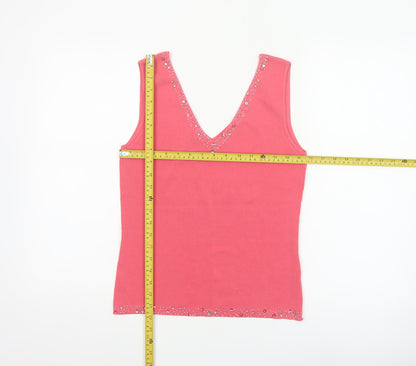 Wallis Women Pink UK 14 Embellished V-Neck Rib Knit Camisole Tank Top