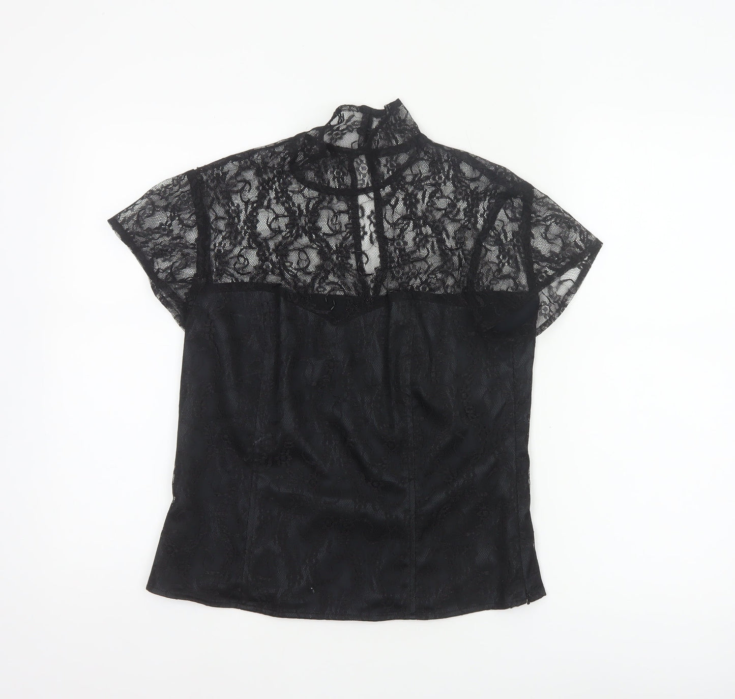 Minuet Women Black UK 12 Floral Lace High Neck Short Sleeve Blouse