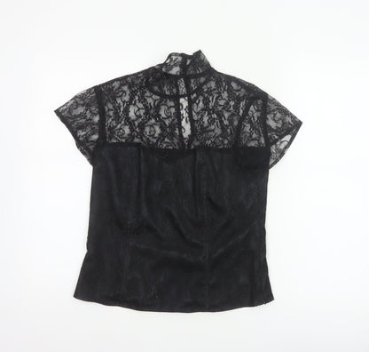 Minuet Women Black UK 12 Floral Lace High Neck Short Sleeve Blouse
