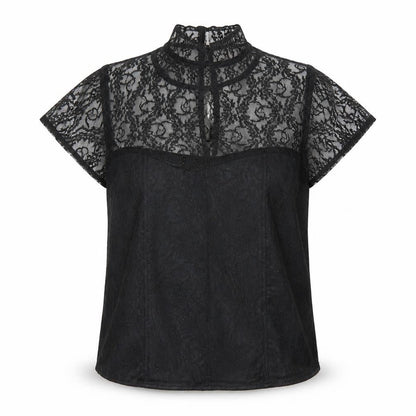 Minuet Women Black UK 12 Floral Lace High Neck Short Sleeve Blouse