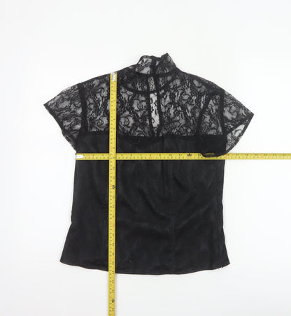 Minuet Women Black UK 12 Floral Lace High Neck Short Sleeve Blouse