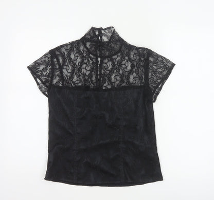 Minuet Women Black UK 12 Floral Lace High Neck Short Sleeve Blouse