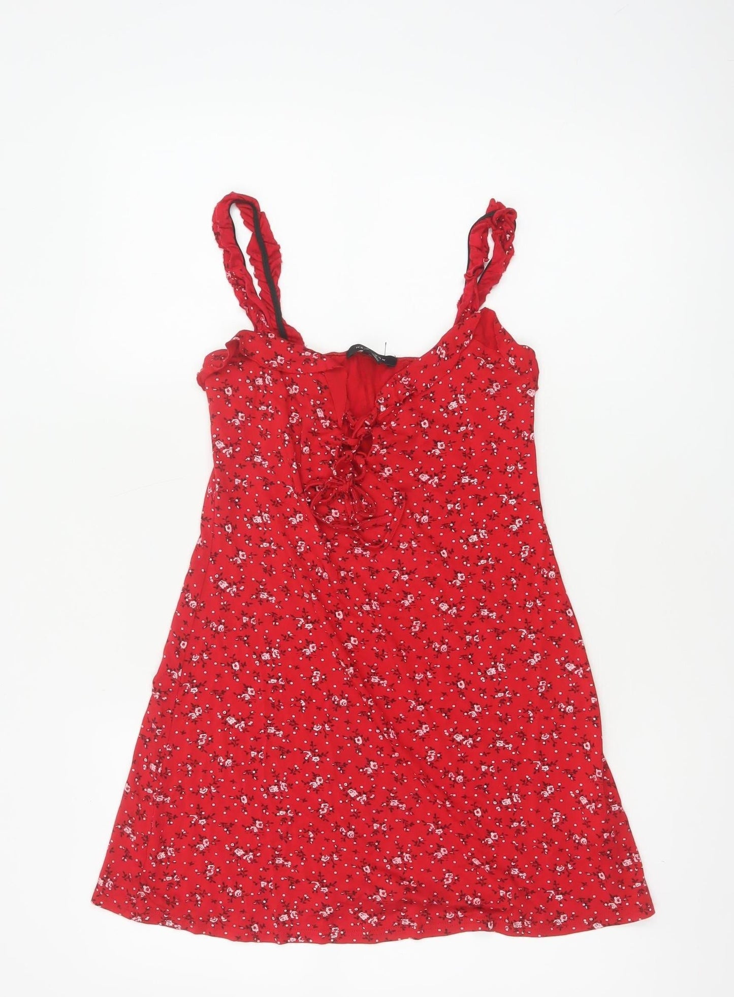 New Look Women Red Floral UK 8 Skater Mini Lace Up Ruffle Strap Dress