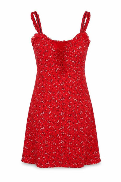New Look Women Red Floral UK 8 Skater Mini Lace Up Ruffle Strap Dress