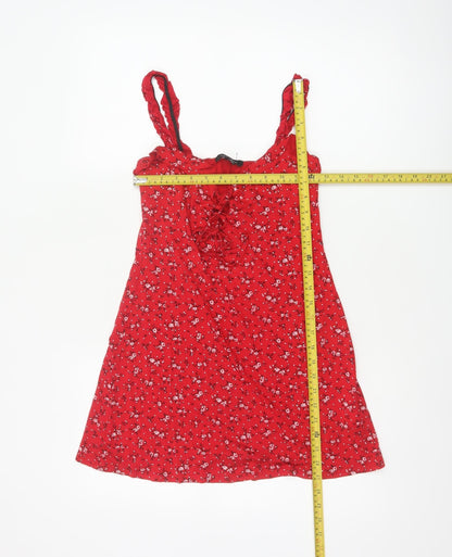 New Look Women Red Floral UK 8 Skater Mini Lace Up Ruffle Strap Dress