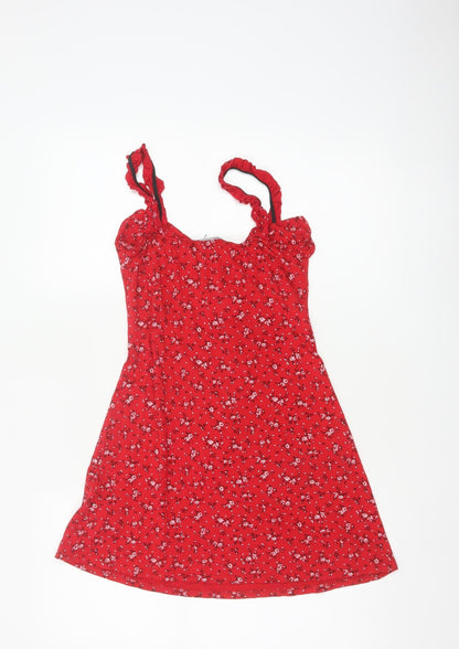 New Look Women Red Floral UK 8 Skater Mini Lace Up Ruffle Strap Dress