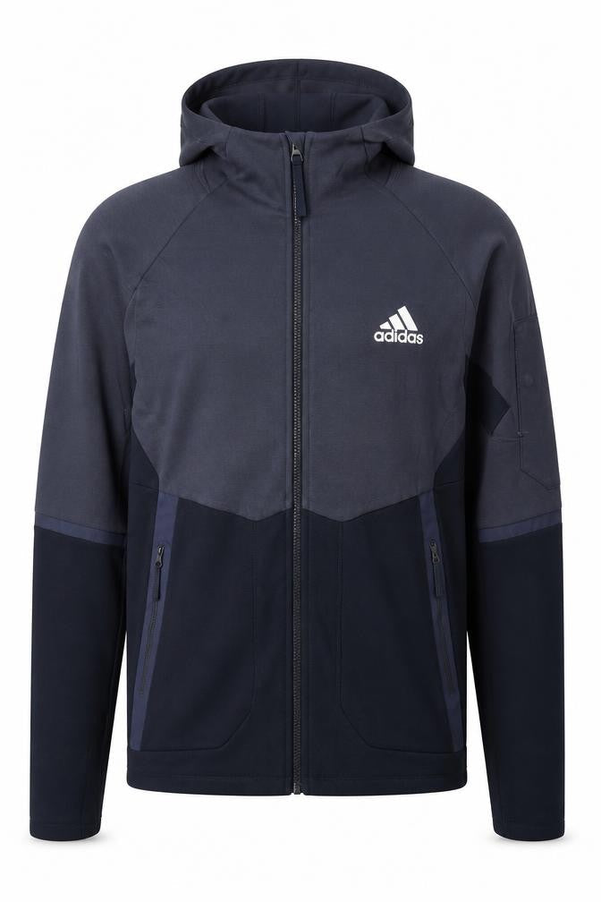 Front view of Adidas Men’s Blue M Full Zip Hooded Logo Sports Hoodie
