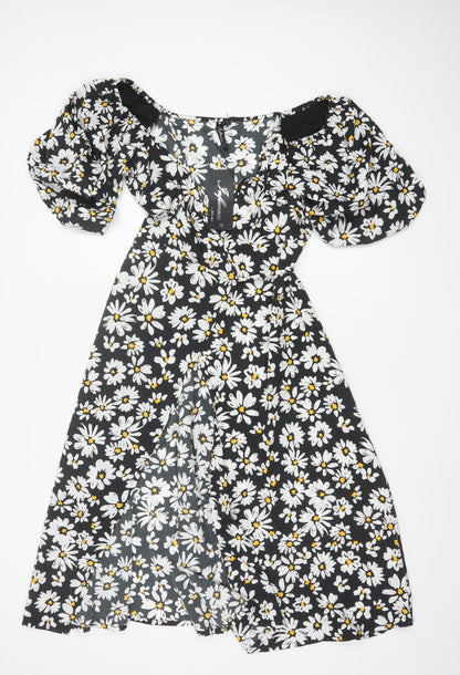 Influence Women Black Floral Puff Sleeve Fit & Flare Midi Dress UK 10