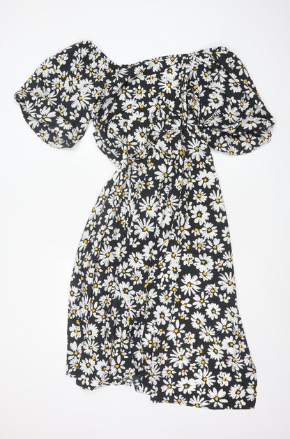 Influence Women Black Floral Puff Sleeve Fit & Flare Midi Dress UK 10