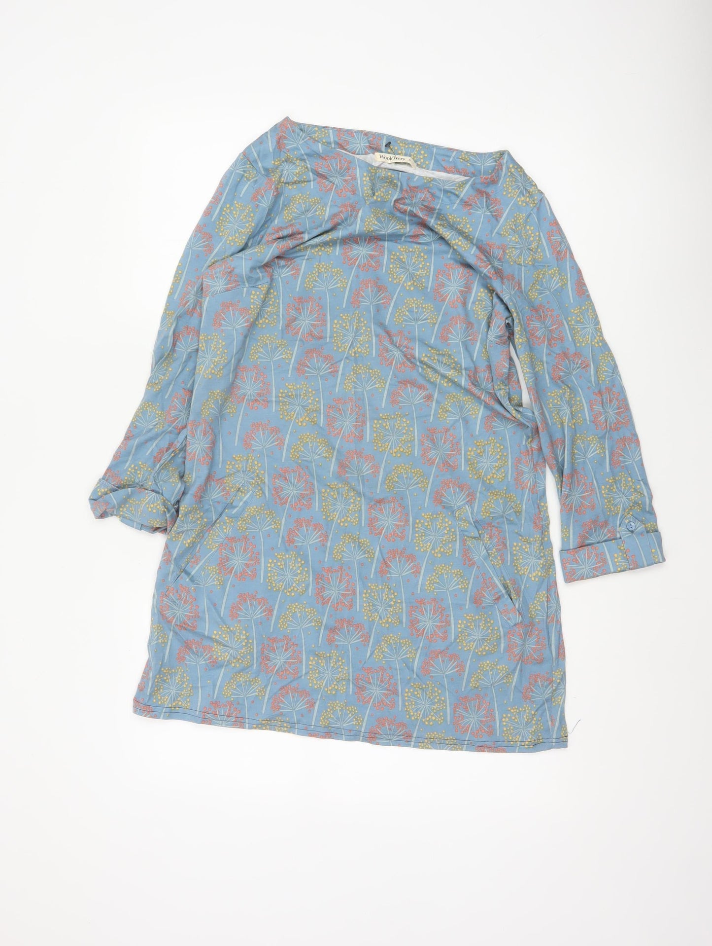 WoolOvers Women Blue Floral Modal Cotton Shift Dress Size S Long Sleeve