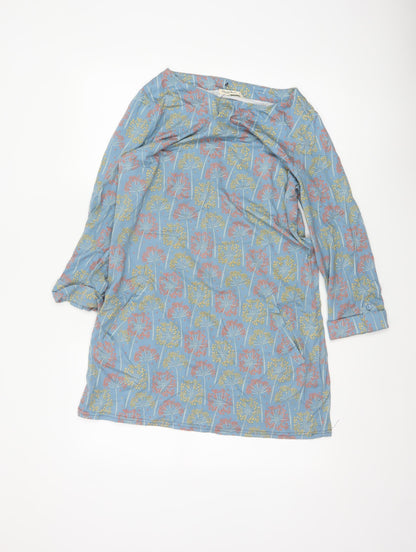 WoolOvers Women Blue Floral Modal Cotton Shift Dress Size S Long Sleeve