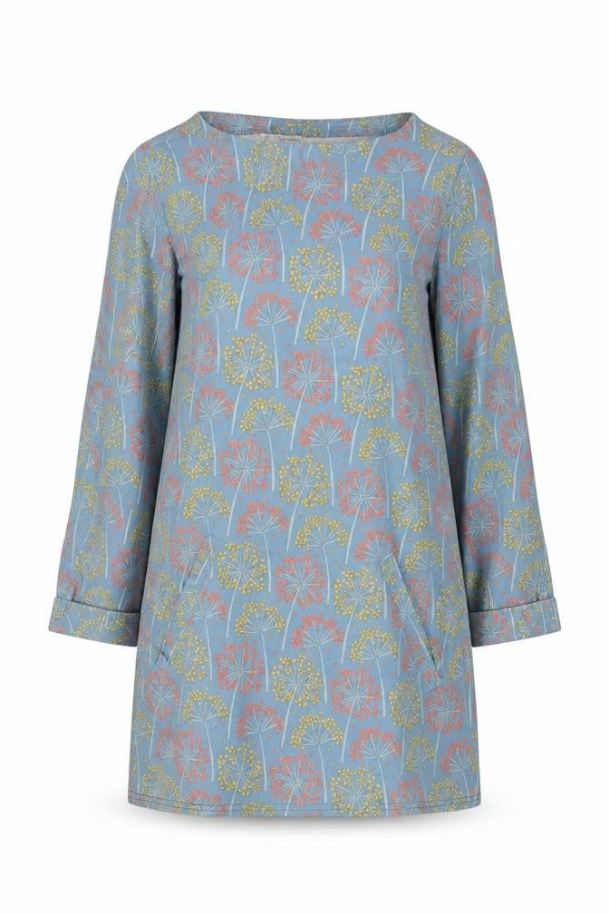 WoolOvers Women Blue Floral Modal Cotton Shift Dress Size S Long Sleeve