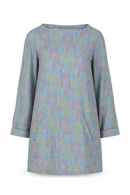 WoolOvers Women Blue Floral Modal Cotton Shift Dress Size S Long Sleeve