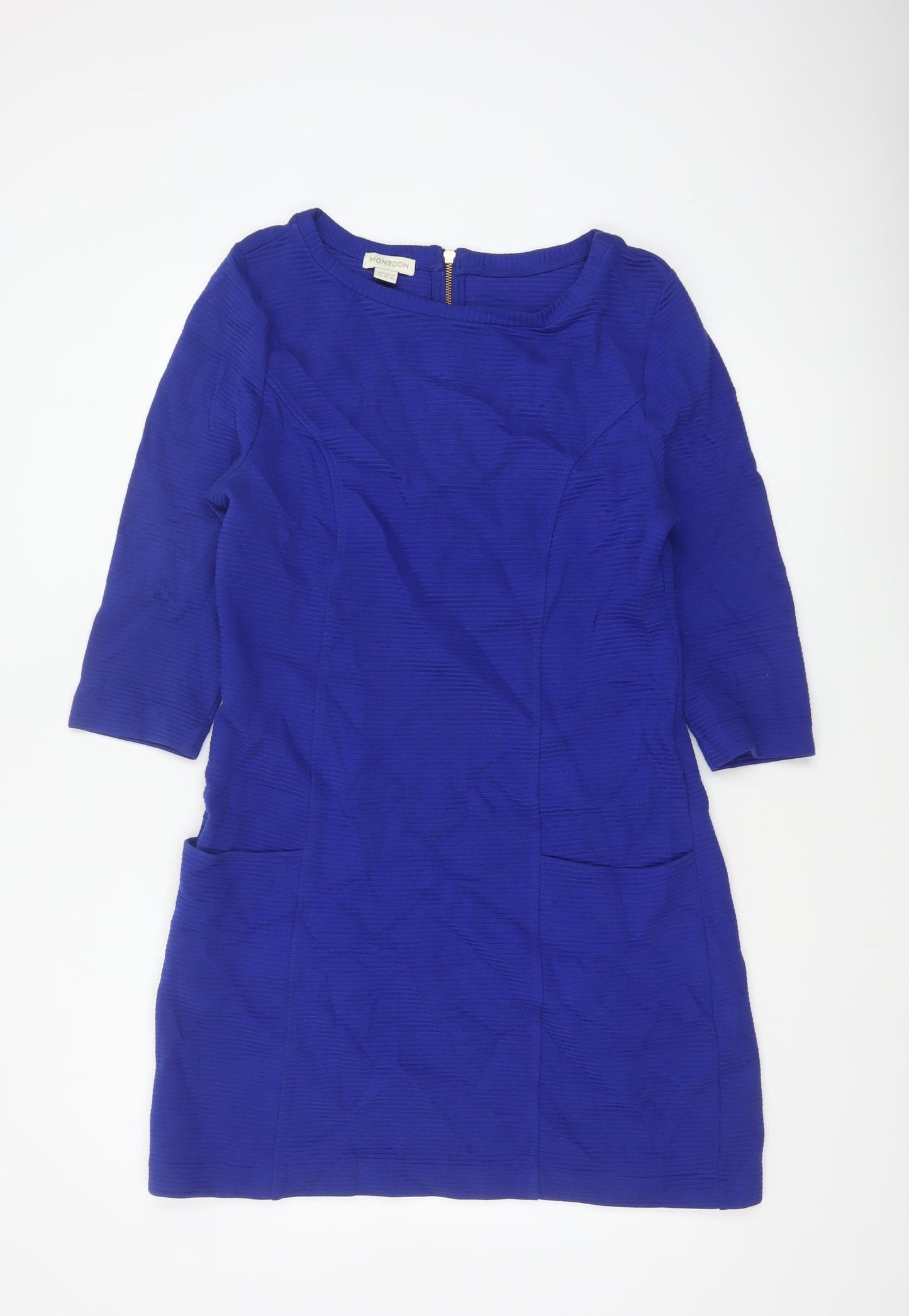 Monsoon Women Blue UK 14 Sheath Knee Dress Cotton 3/4 Sleeve Pockets