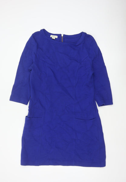 Monsoon Women Blue UK 14 Sheath Knee Dress Cotton 3/4 Sleeve Pockets