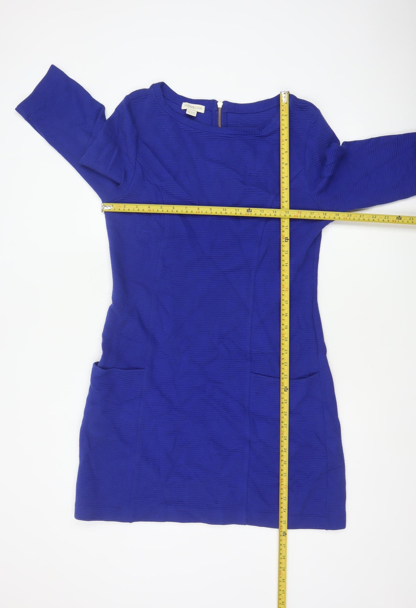 Monsoon Women Blue UK 14 Sheath Knee Dress Cotton 3/4 Sleeve Pockets