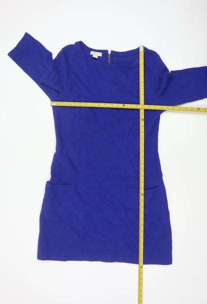 Monsoon Women Blue UK 14 Sheath Knee Dress Cotton 3/4 Sleeve Pockets