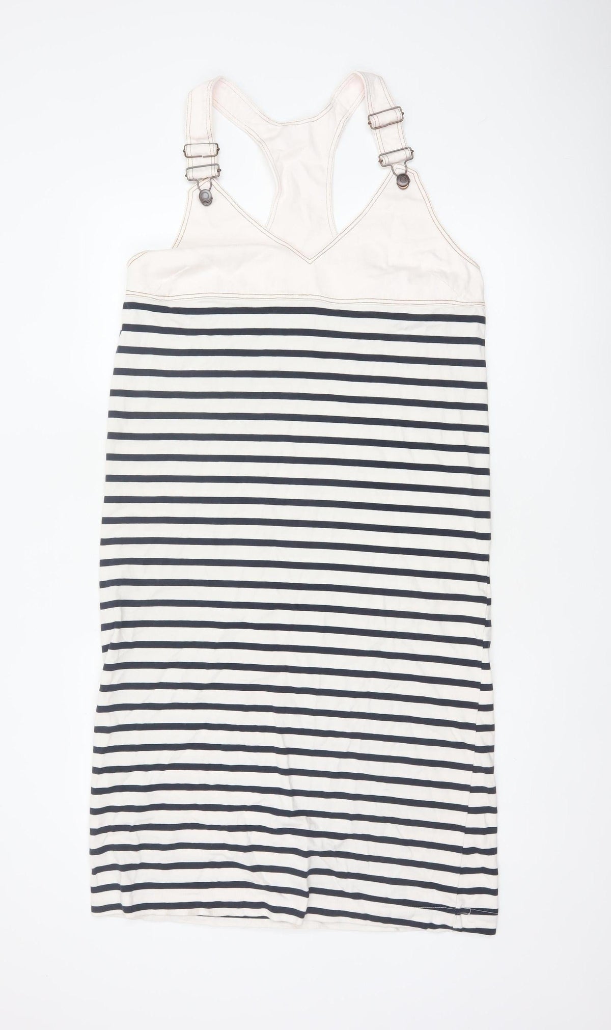 Zara Women Ivory Navy Striped M Pinafore Knee Length Dress