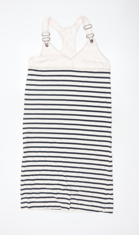 Zara Women Ivory Navy Striped M Pinafore Knee Length Dress
