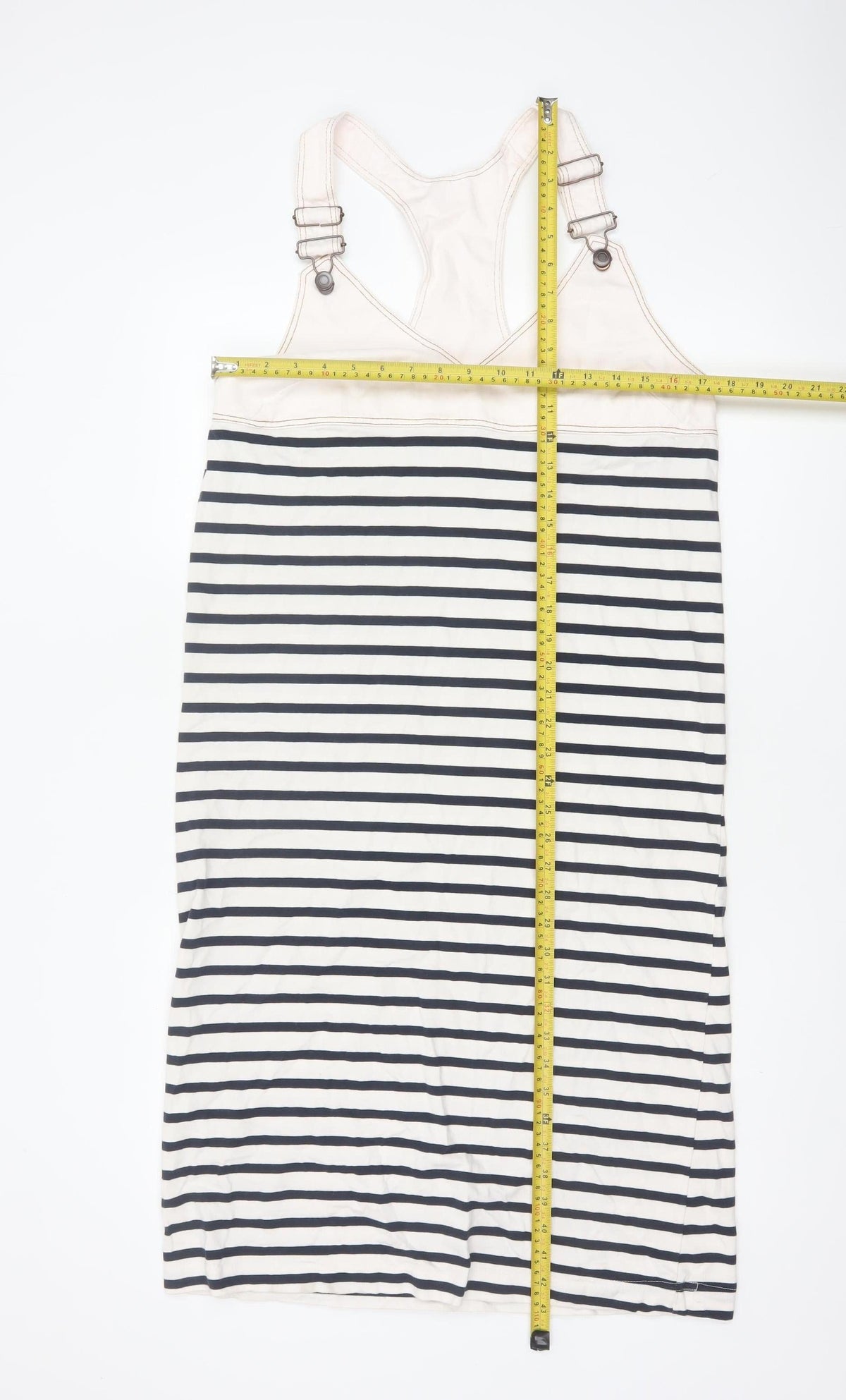 Zara Women Ivory Navy Striped M Pinafore Knee Length Dress