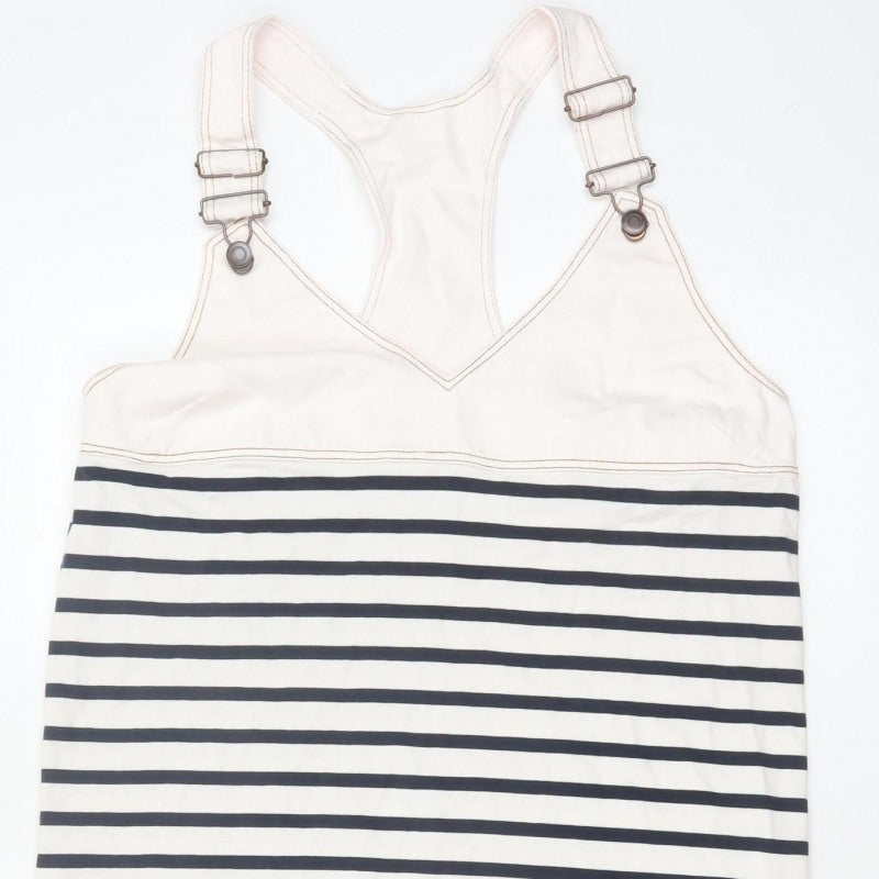 Zara Women Ivory Navy Striped M Pinafore Knee Length Dress