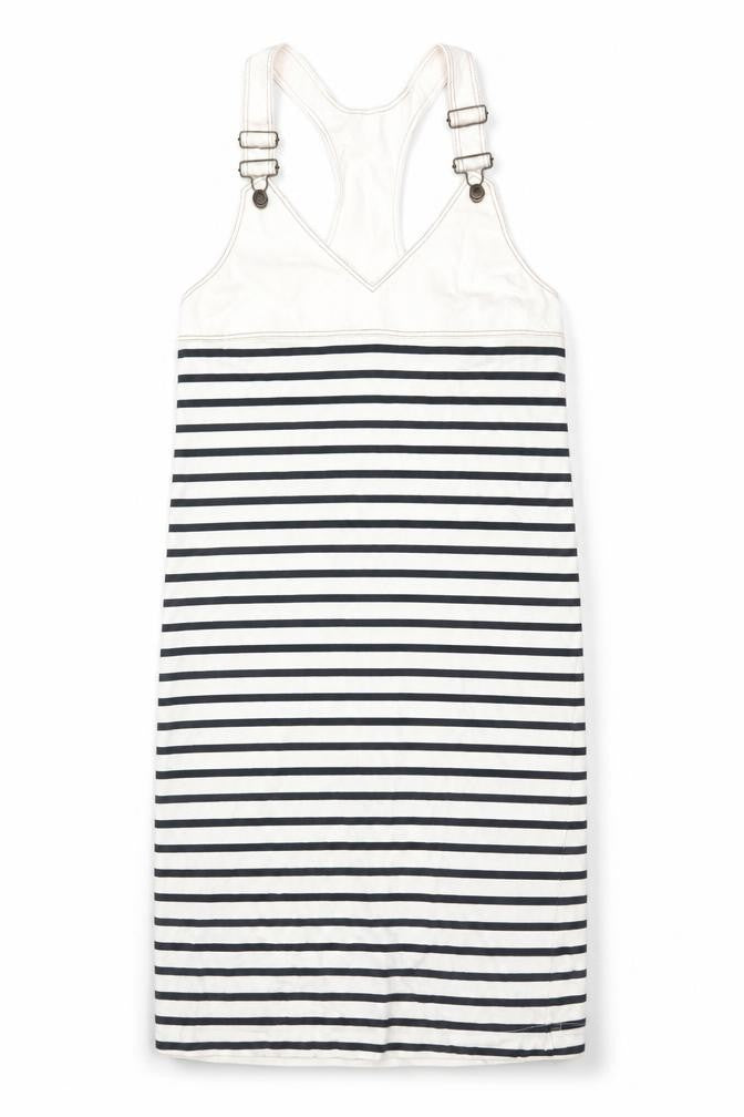 Zara Women Ivory Navy Striped M Pinafore Knee Length Dress