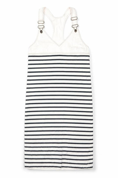 Zara Women Ivory Navy Striped M Pinafore Knee Length Dress