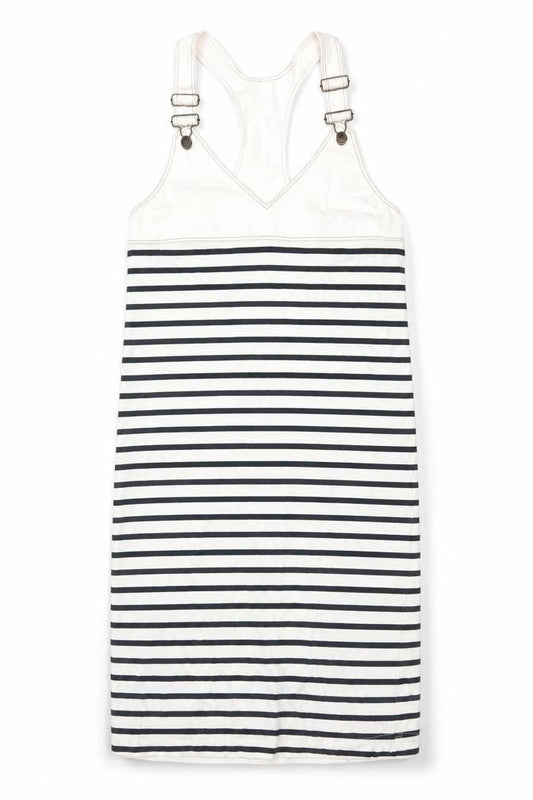 Zara Women Ivory Navy Striped M Pinafore Knee Length Dress