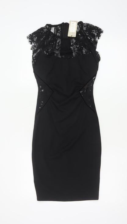Lipsy Women Black UK 6 Bodycon Knee Length Lace Sequin Party Dress