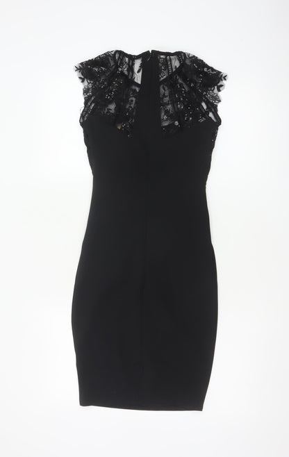 Lipsy Women Black UK 6 Bodycon Knee Length Lace Sequin Party Dress
