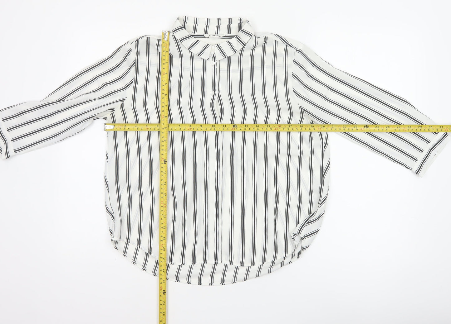 Monki Women White Black Stripe Button-Up Blouse UK 10 Long Sleeve