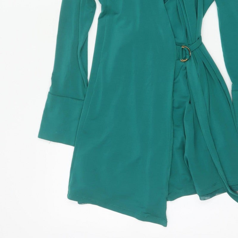 Karen Millen Women Green UK 10 Fit & Flare Belted V-Neck Dress