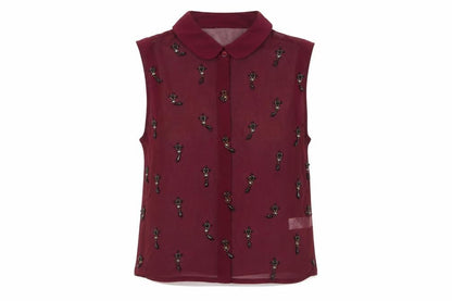 Topshop Women Burgundy UK 8 Sheer Beaded Sleeveless Collared Blouse