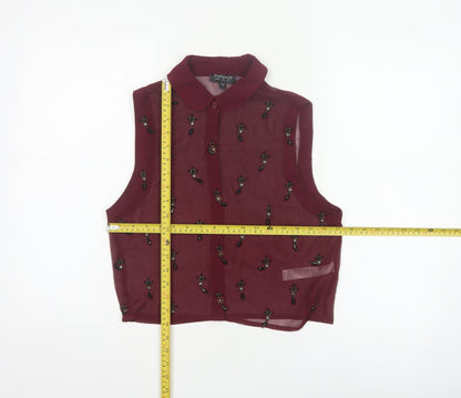Topshop Women Burgundy UK 8 Sheer Beaded Sleeveless Collared Blouse