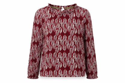 White Stuff Women Red Leaf Print Ruffle Long Sleeve Blouse UK 10