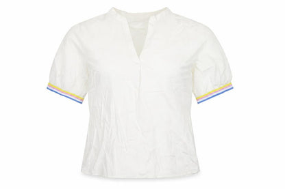 Milano Italy Women White UK 10 V-Neck Cotton Puff Sleeve Blouse