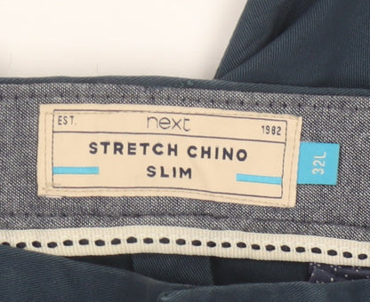 Next Men's Blue 32L Slim Stretch Chino Trousers Cotton