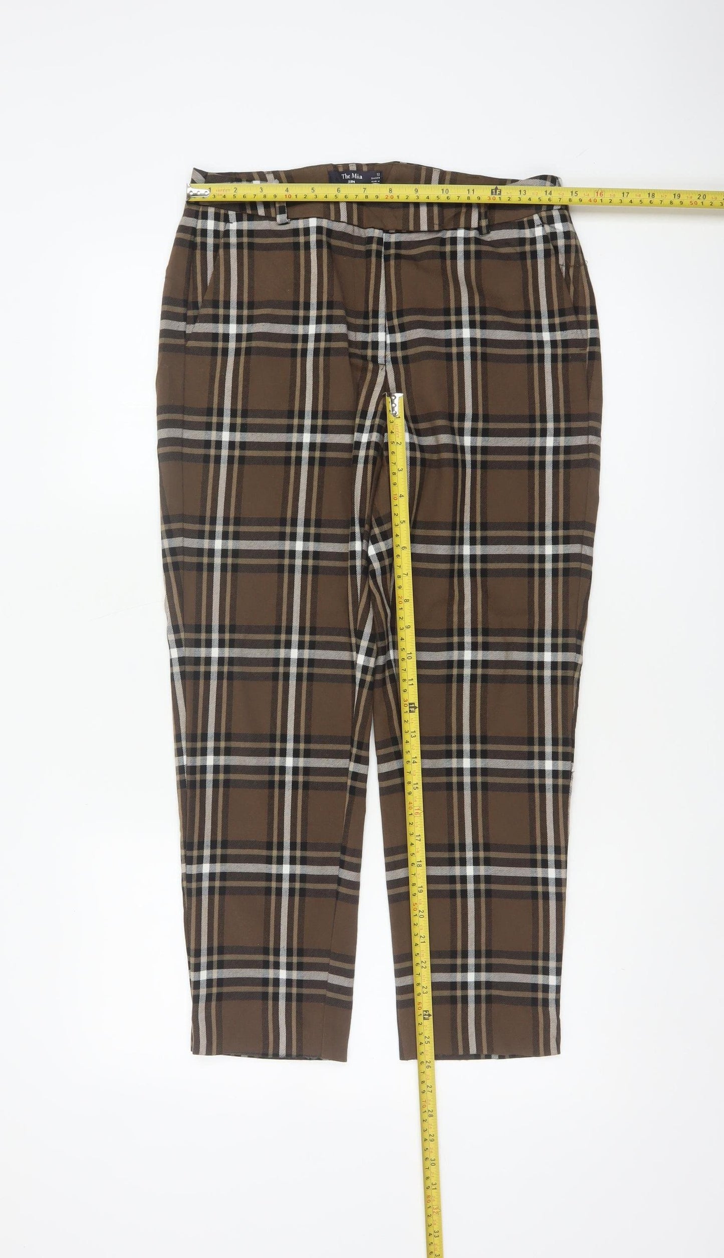 M&S Women Brown Plaid The Mia Slim Tapered Dress Trousers UK 10 Short