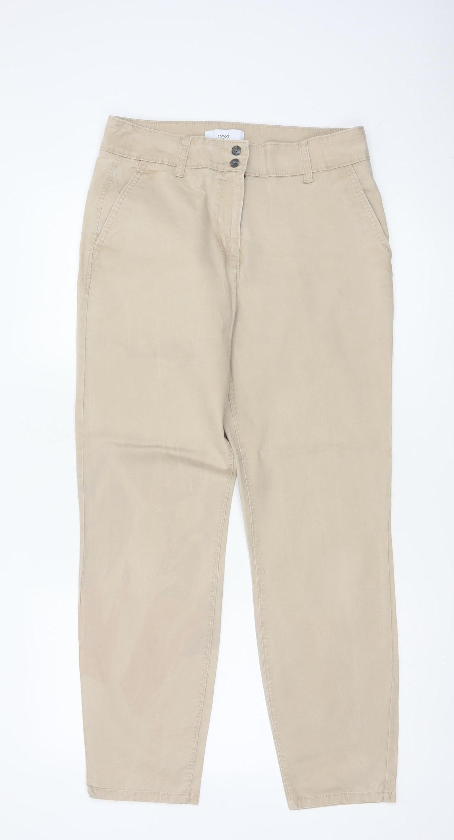 Next Women Beige UK 10 Regular Tapered Chino Trousers Cotton Stretch