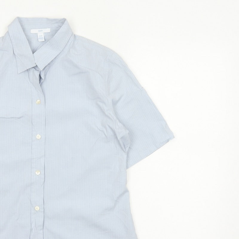Gap Women Blue Striped M Short Sleeve Collared Button-Up Shirt