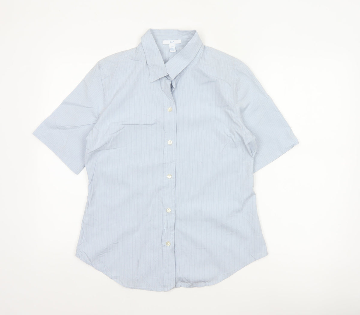 Gap Women Blue Striped M Short Sleeve Collared Button-Up Shirt