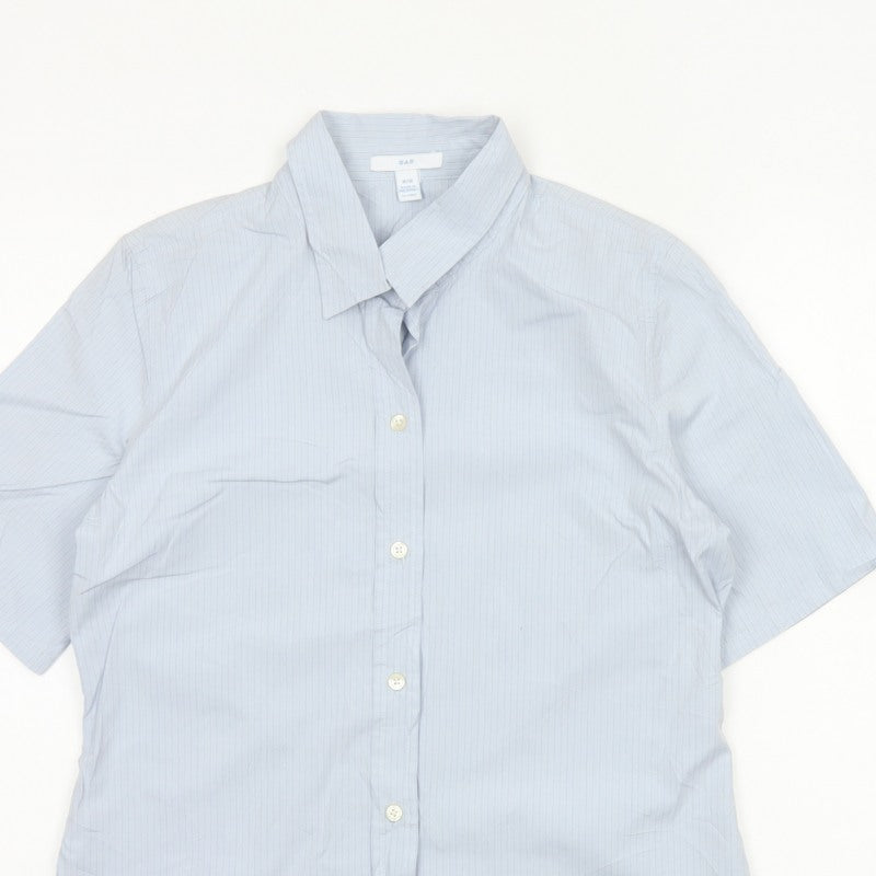 Gap Women Blue Striped M Short Sleeve Collared Button-Up Shirt