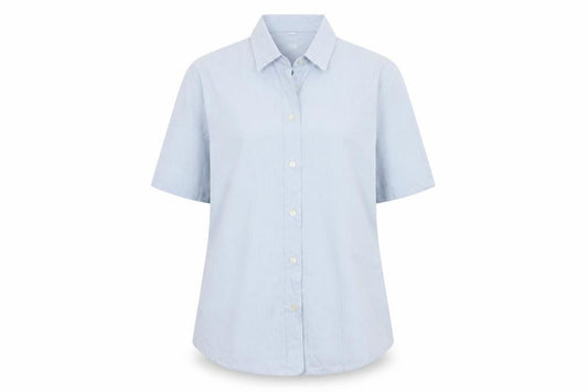 Gap Women Blue Striped M Short Sleeve Collared Button-Up Shirt