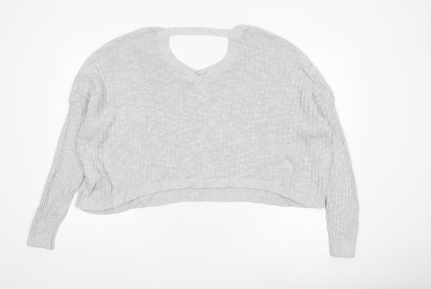 Hollister Women Grey L V-Neck Open Knit Long Sleeve Jumper