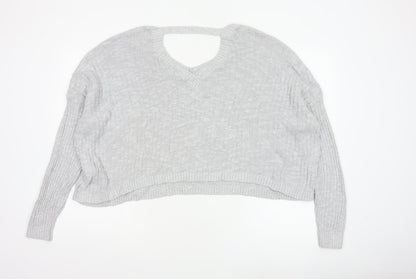 Hollister Women Grey L V-Neck Open Knit Long Sleeve Jumper