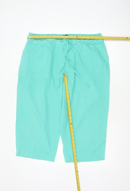 BM Women Green Size 18 Cotton Capri Trousers Elastic Waist Pockets