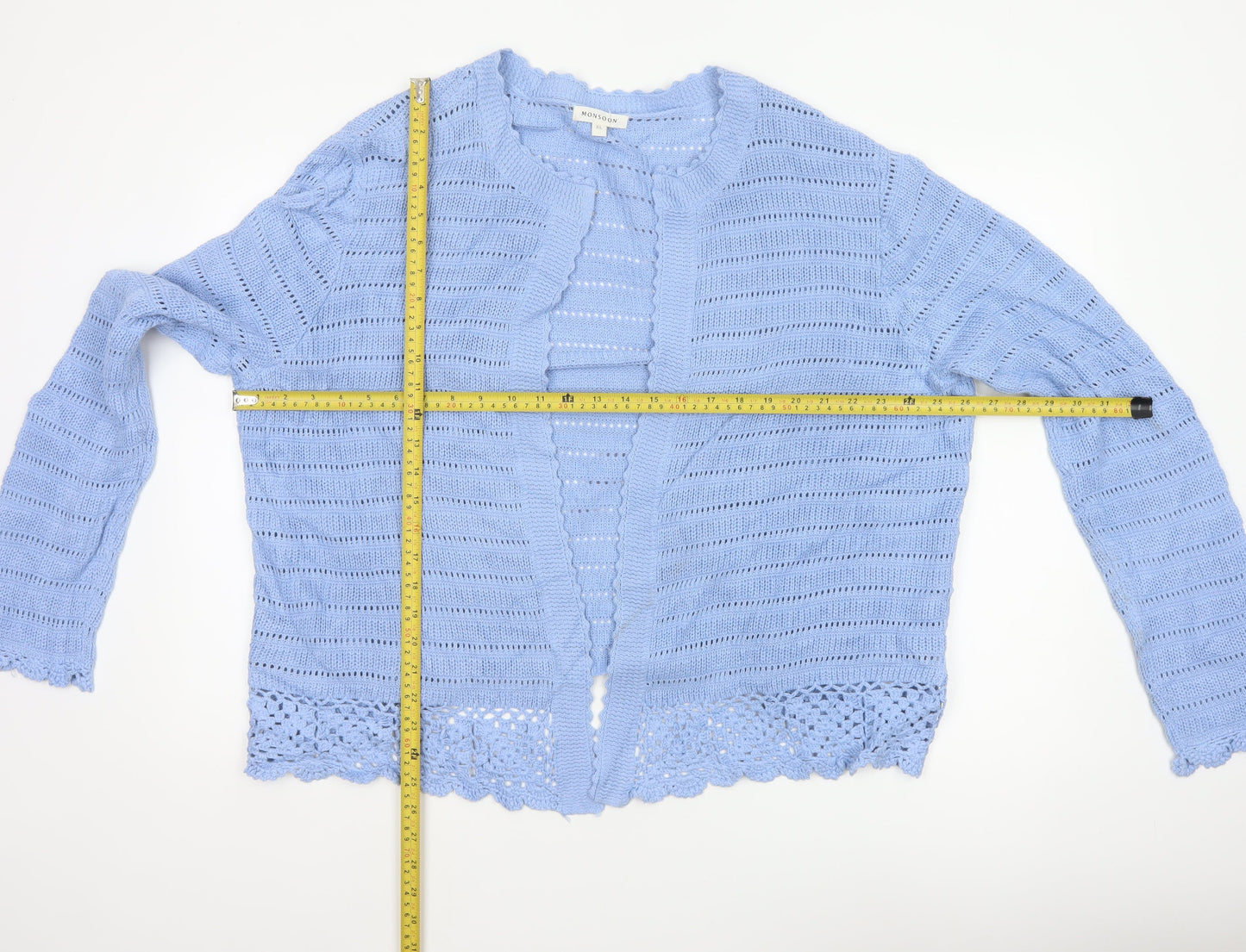 Monsoon Women Blue XL Cotton Open Knit Crochet Cardigan Long Sleeve