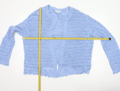 Monsoon Women Blue XL Cotton Open Knit Crochet Cardigan Long Sleeve