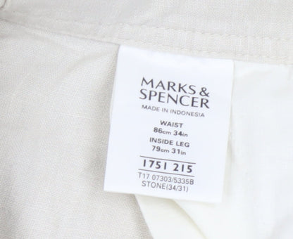 Marks and Spencer Men’s Beige Linen Blend Drawstring Trousers W34 L31