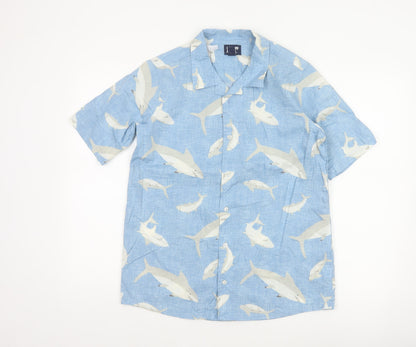 Lands' End Women's Blue Shark Print Button-Up Shirt UK 20 Short Sleeve
